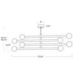 Line drawing with precise dimensions of chandelier’s width, height range, and ceiling mount size
