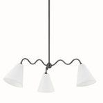 Onda chandelier front view with three white linen shades and black squiggly arms on white background