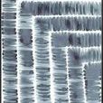 Abstract painting with layered horizontal and vertical blue-gray brush strokes creating a textured grid pattern