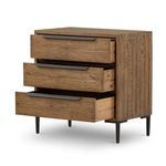 Side-angle with all three drawers opened revealing solid pine drawer interiors