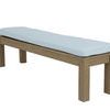 Coastal Teak Dining Bench with warm grey teak wood frame and light blue cushioned seat, sleek angular lines