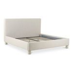 Three-quarter angle view of Ichigo bed frame with slats visible and beige upholstery