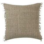 Square sage linen pillow with knotted tassels along the four edges in relaxed bohemian style