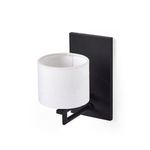 Back angle of Bardot Ebony Sconce showing smooth black metal backplate and white drum shade inner lining