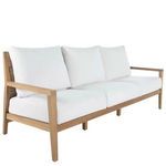 Savannah Teak Sofa with natural teak frame and white cushions, sleek outdoor design with straight arms