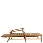 Side profile view of chaise in natural teak with backrest angled up and armrests curved