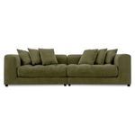 Davie Olive Sofa with deep seat, tufted cushions, six loose back pillows, and velvety chenille upholstery in olive green.
