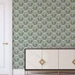 ash blue wallpaper applied on a wall behind cream and brown modern sideboard in bright room setting