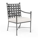 Provence Dining Chair with woven basket weave wrought iron back in pewter finish and white cushioned seat