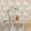 side view of wallpaper in home office setting with wooden chair, green desk lamp, and pencils on light wood desk