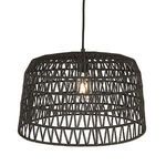 Sable pendant light front view with visible light bulb inside woven black paper rope frame