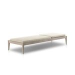 Sherwood chaise lounge showing fully reclined backrest with cream boucle cushions and teak frame