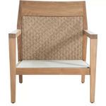 Front view of chair frame showing woven back panel and natural teak wood