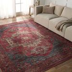 Rug styled in living room with light beige sofa and natural light from tall window
