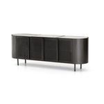 Slightly angled front view highlighting rounded edges and marble top distinct from dark metal body