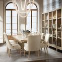 Westwood dining chairs surrounding a rectangular table in elegant room with tall windows and chandelier