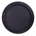Back side of round mirror showing black backing and two hanging hooks