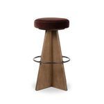 Damon Surrey Plum swivel bar stool side view highlighting the tapering triangular wood base and plum seat