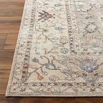 Detailed corner close-up showcasing the rug's subtle border pattern and plush weave on hardwood floor