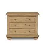 Light worn oak Geoffrey Veneer Nightstand with three drawers, bun feet, bronzed iron hardware, and visible natural grain