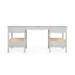 Front view highlighting symmetrical drawer layout and open cane shelves below