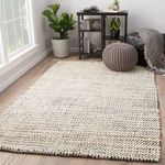 Almand natural fiber area rug styled in a bright living room with pouf, side table, plants, and wood flooring