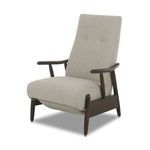 Jarvis Recliner angled view showing thick seat cushion and curved wooden armrests