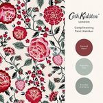 Wallpaper swatch beside paint color samples labeled Painted Heart, Peaceful Day, and Bunches of Charm