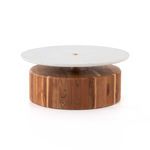 Round coffee table with thick natural reclaimed teak base and floating honed white marble top connected by brass hardware
