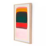 Side angle view of framed abstract artwork showing depth of light wood frame and texture of layering