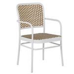 Close-up showing woven texture and armrest detail of outdoor dining chair