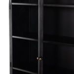 Close-up of Breya cabinet's glass doors and black metal frame with brass knobs