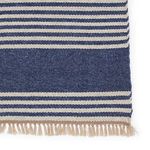 Close-up detail of blue and beige stripes and fringed edge on woven rug