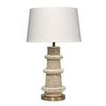 Rowan Table Lamp with artisan carved mango wood bead base in stacked cylindrical tiers and white fabric shade