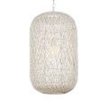 Pendant in front view with bright bulb lit inside twine casing