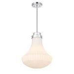 Bartlet pendant hanging from ceiling mount with glowing white ribbed glass shade and chrome finish viewed from below