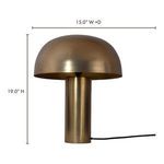 Nanu Table Lamp in brass finish with dimension lines showing 15 inch width and depth and 19 inch height