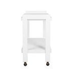 Narrow front view of minimalist bar cart highlighting the squared frame and wheel bases