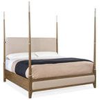 Chapman King Four Poster Bed with taupe upholstered headboard and footboard, slender pewter-accented posts, white oak vene...