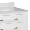 Slightly angled front shot of Verona 36-inch white vanity with marble top and rectangular undermount sink