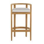 Front view highlighting cushioned seat and footrest detail on teak frame