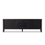 Straight on media console view highlighting the symmetrical dowel leg supports beneath.