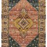 Hand-tufted traditional rug with vibrant medallion in dusty pink, yellow, brown, and deep blue-green