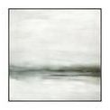 Serene landscape painting with soft gray and muted tones blending horizon into sky, framed in black.