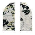 Front view of both Fossey Object sculptures side by side showing full shapes and swirl patterns on synthetic stone