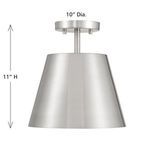 diagram with dimensions indicating 10 inch diameter and 11 inch height of metal shade ceiling light
