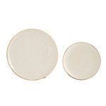 Top-down view of two white enamel plates with natural mango wood edges separated side by side on white background