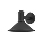 Elani Exterior Wall Sconce with conical shade, textured black finish, ribbed cap, and circular backplate