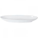 Glossy white oval ceramic stoneware platter with a smooth lustrous finish and slightly raised rim