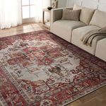 Rug displayed in living room setting with beige sofa, hardwood floor, and natural light